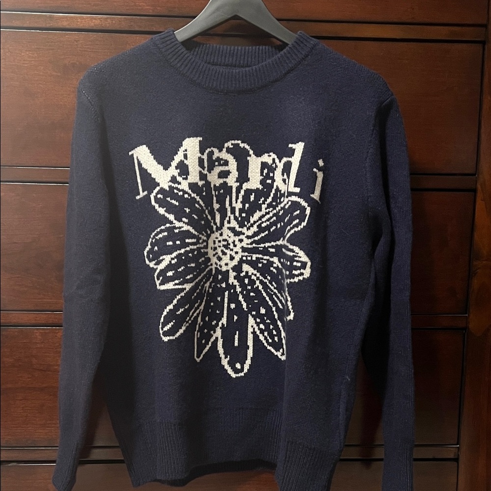<Mardi> Navy Blue Sweater with White Floral Design